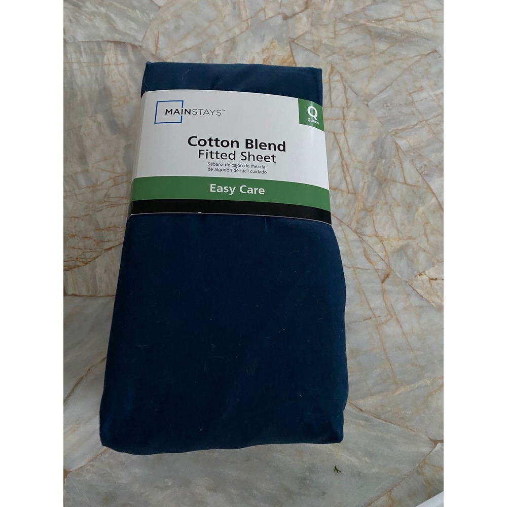 Mainstays Navy Blue Cotton Blend Fitted Sheet Queen Size Easy Care New
